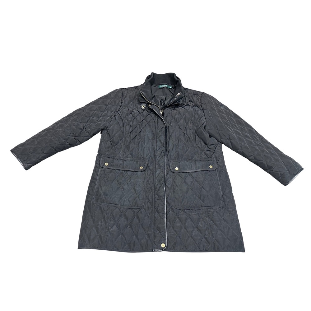 Lauren Ralph Lauren Black Quilted Barn Jacket Coat Faux Leather Trim Womens 1X
